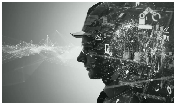 Perfil de un ingeniero con casco y gráficos técnicos superpuestos
